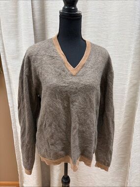 Orvis Brown Herringbone V-Neck Sweater with Tan Trim